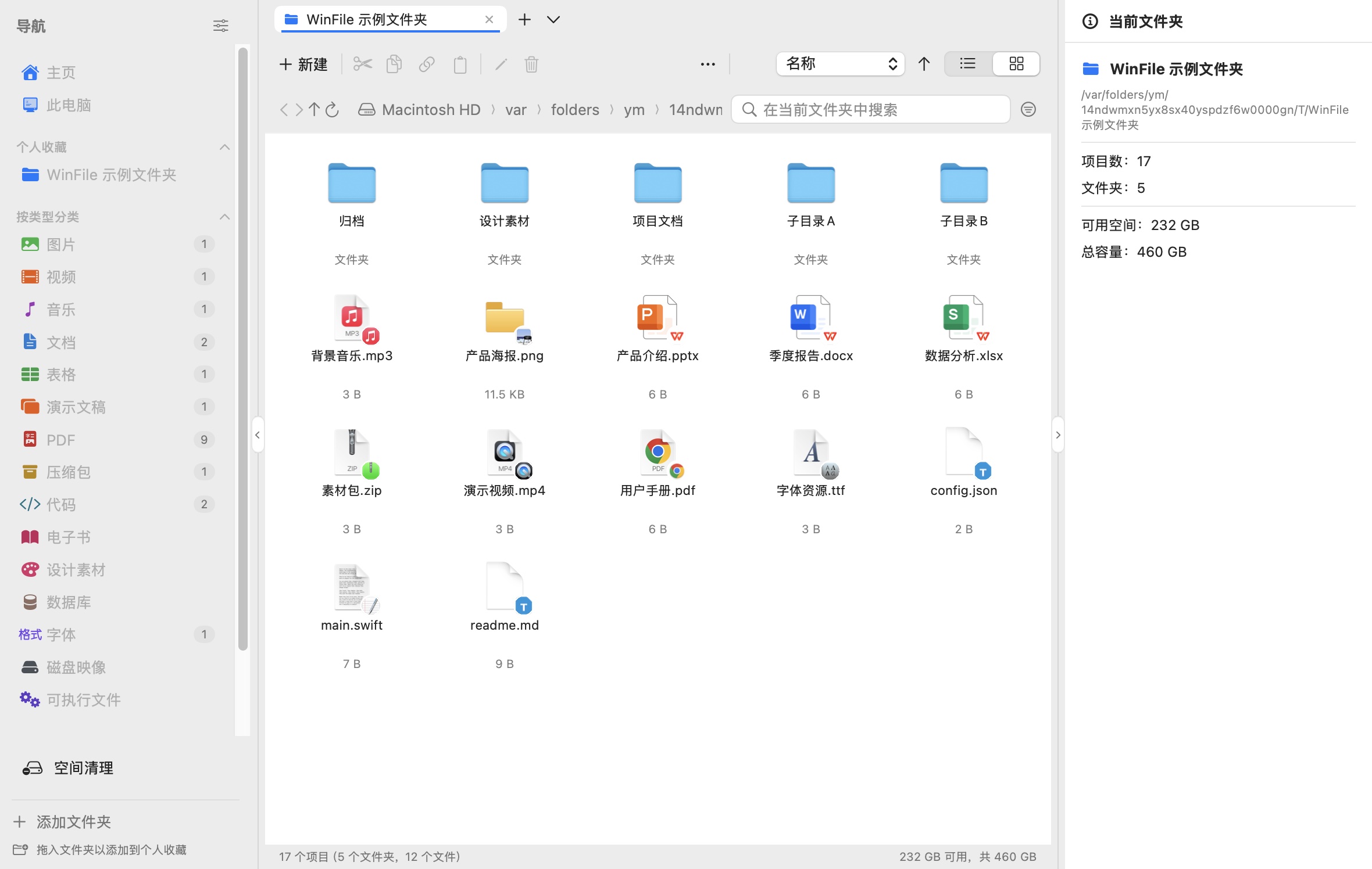 LeafFiles 原生界面，含个人收藏、类型分类、多页签、图标视图和文件详情